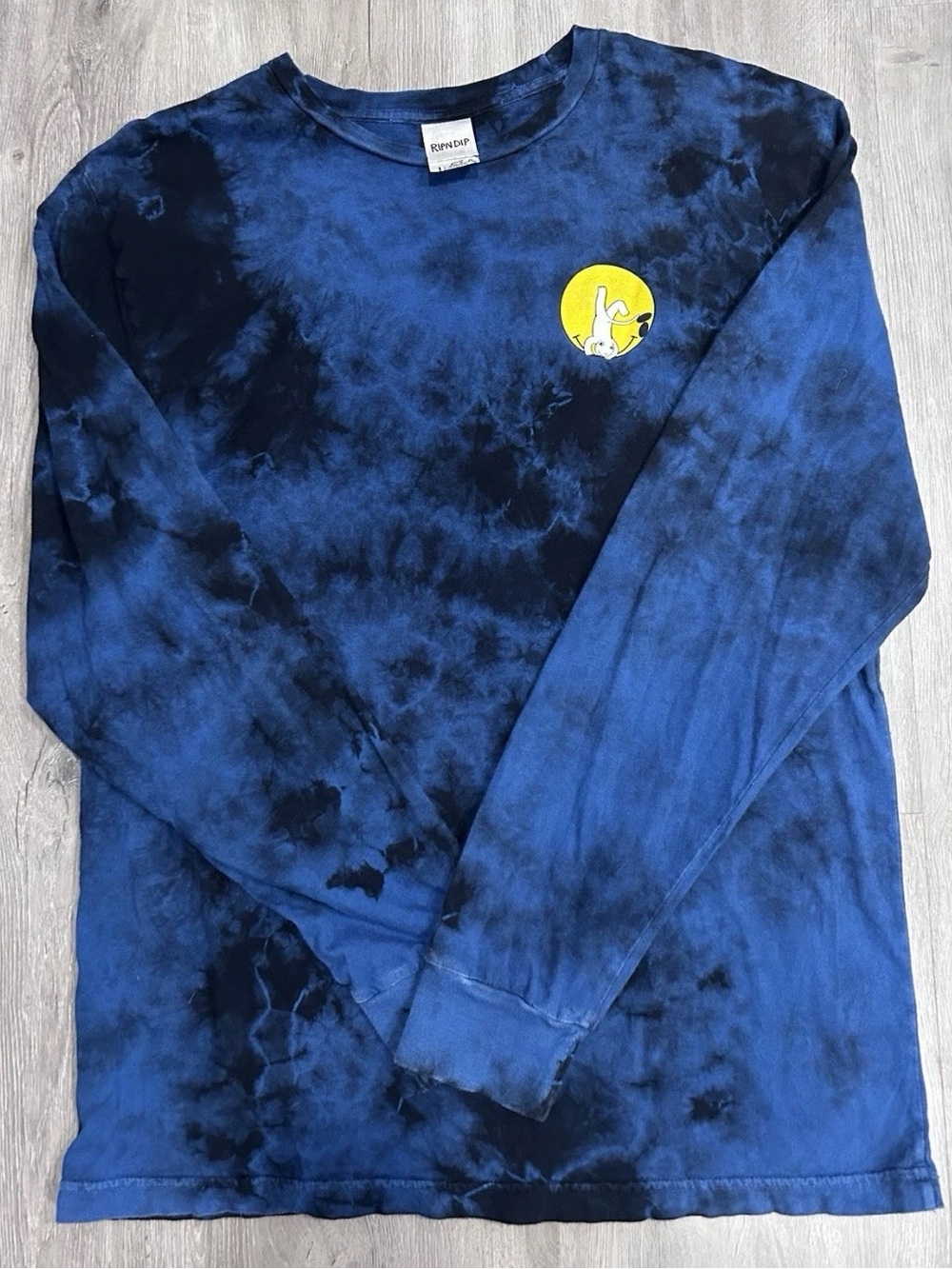 RIPNDIP Blue Tie Dye Long Sleeve Shirt Mens Large Lord Nermal Upside Down Smiley